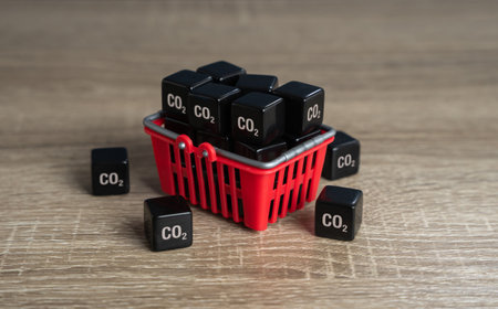 Shopping basket and cubic CO2 carbon dioxide. Achieve an understanding of impact on the environment by your lifestyle and habits. Greenhouse gas consumption and footprint. Customers carbon footprint.の写真素材
