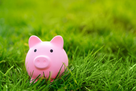 A pink piggy bank in a green grass. investments in a nature and environment. Financial savings and business concept. Income, budget. Copy spaceの写真素材
