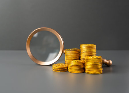Magnifying glass and money coins stack. Search for financing and investment opportunities. Savings and deposits. Lending. Economy. Monetary policy, interest rates.の写真素材