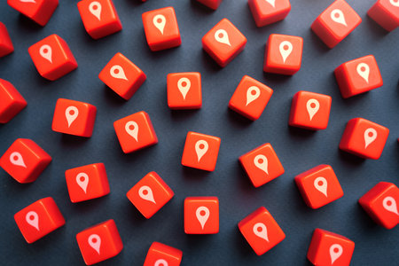 Places of interest. Sights and places of presence. Coverage of retail outlets. Tourism and leisure planning. Sale of land. Location determination, tracking. Geolocation button symbols on dice.の写真素材