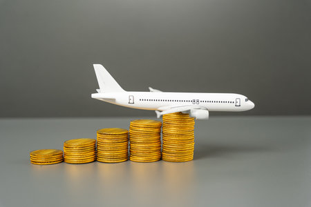 Saving on air travel. Loyalty programs and air miles, bonuses. Low cost airlines. Airplane on a growing stack of coins.の写真素材