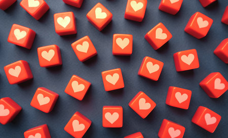 Hearts on scattered blocks. Likes on social media. Love and relationships. Choosing your favorites.