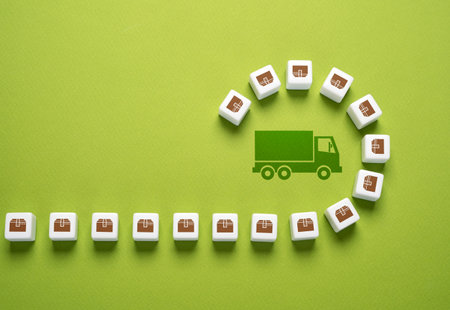 Truck and goods in boxes. Freight transport concept. Logistics and product distribution. Shipment of goods, filling the flight with orders.の写真素材