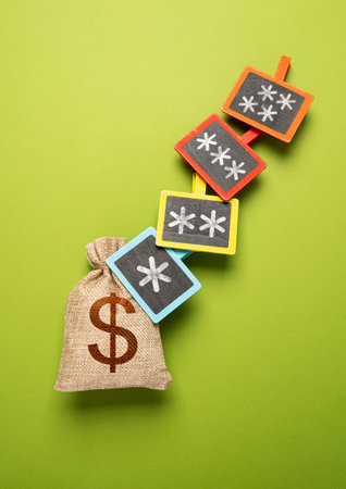 Dollar money bag and stars of terms and conditions. Hidden fees, interest rates and stiff penalties...