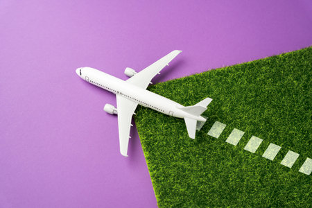 Ecology in aviation. A airliner plane spreads green grass. Transition to environmentally friendly fuels, electric traction. Concept of environmental friendliness and clean emissions.の写真素材