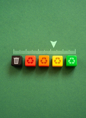 The waste recycling scale ranges from completely non-recyclable to completely recyclable. Opportunities for reusable materials processing. Environment protection.の写真素材