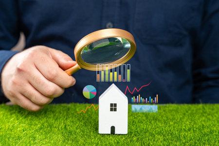 A man studies a house to buy. The costs of home ownership. Market price and property valuation. Study the qualities of the house, the disadvantages and advantages.の写真素材