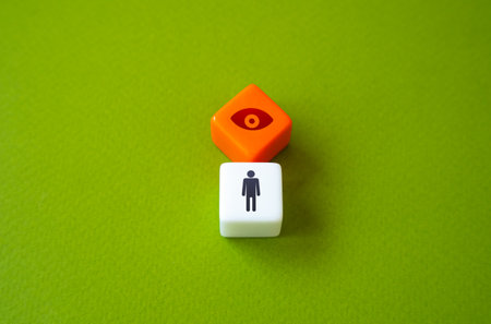 Human figure and eye above head. Surveillance concept. Personal privacy and data collection. Transparent data usage policies. Cautious about sharing personal information online.の写真素材