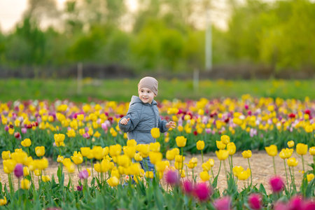 Happy three year old toddler boy runs in a tulip field on a sunny spring day. Childhood and nature conceptの写真素材