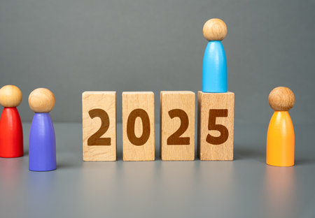 2025 year and human figures. New Year and Christmas holidays. Trends, news. Economic Outlook and...