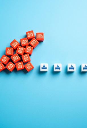 A tsunami of bureaucracy and paperwork threatens to paralyze the work of officials and government bodies. Decentralization, optimization and automation. Reducing bureaucracy in document flow.の写真素材