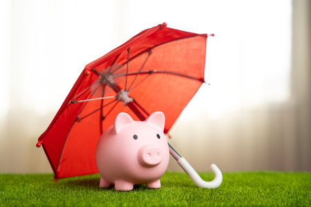 Piggy bank under an umbrella. Insurance and service. Protection of investments and financial well-being. Banking and finance.の写真素材