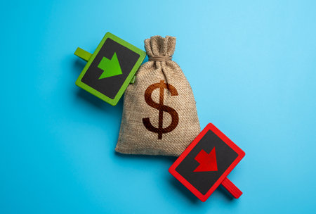 Income and output in the budget. Debit credit. Profit and expenses. Financial planning, optimization. Financial balance.の写真素材