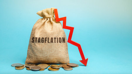 Stagflation money bag concept and arrow down. Economic condition is characterized by stagnant growth, high unemployment, and persistent inflation. Business and financeの写真素材