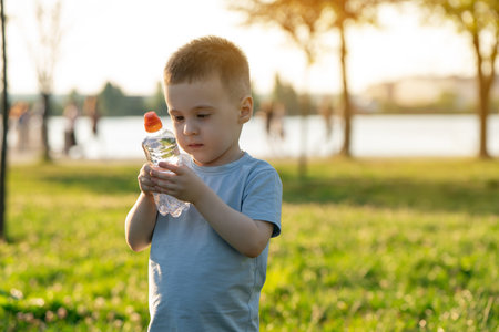 A little caucasian toddler boy of three and a half years old is standing in a summer public park with a bottle of clean water. Childhood and nature. Portraitの写真素材