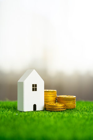 House figurine and money coins. Concept of saving money to pay bills and maintain a home. Buying or renting. Mortgage loans.の写真素材