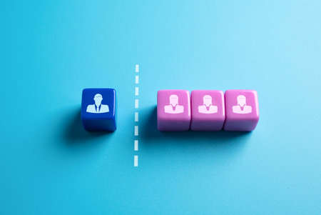 A man in a female team. Separation by gender. Difficulty of integration into a staff dominated by women. Gender policy. Safety and rules of conduct, boundaries of decency in the workplace.の写真素材