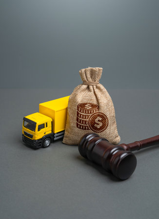 A transport truck and a money bag with a judge's gavel. Litigation of transport companies. Fines and deductions. Legislative regulation of freight transportation.の写真素材