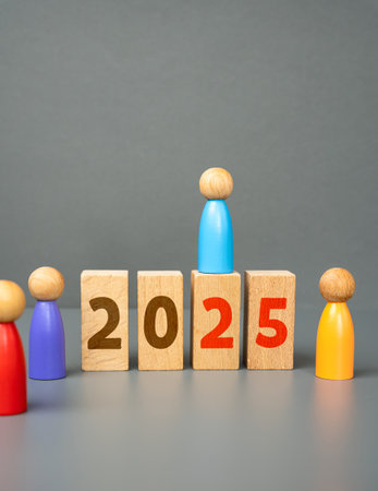 Figures of people and blocks with 2025. New Year. Plans and tasks. Visions and development in the...