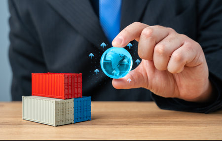 Businessman holding globe of planet Earth over stack of shipping containers. World trade and...