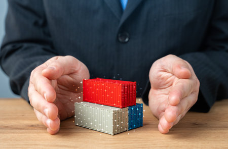 The businessman protects containers with his palms. Freight service and cargo support. Trade and economics. Import and export. Carriers and Shipping.の写真素材