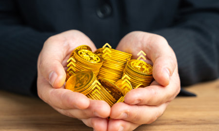 A man holds a pile of gold coins in his hands. Funds and financial resources. Income and budget....