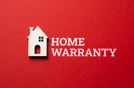 Home warranty on red background. Cover unexpected repair costs and secure your investment. Modern solutions for homeownership peace of mind.の写真素材