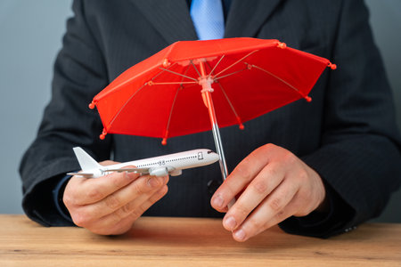 Businessman holding a plane under a red umbrella. Passenger and flight insurance. Technical support, aircraft leasing. Safety and security.の写真素材