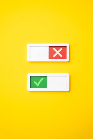 Two buttons enabling and disabling. Concept of parameters and settings. Alternatives and backup plans. switching between modes, system preferences, activation, and deactivation in technologyの写真素材