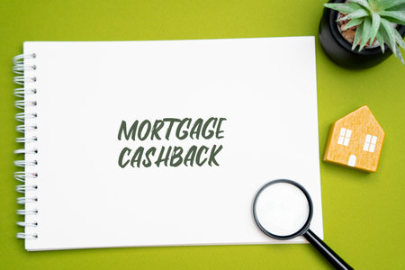Mortgage cashback concept. Type of home loan where the borrower receives a lump sum of money upon closing the mortgage deal. Notes, magnifying glass and houseの写真素材