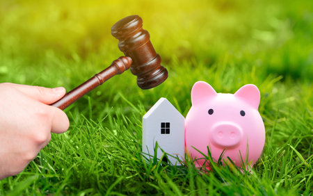Hammer in male hands, wooden house and piggy bank stands outdoors in a green grass. Real estate court decisions. Property inheritance litigation. Confiscation of housingの写真素材