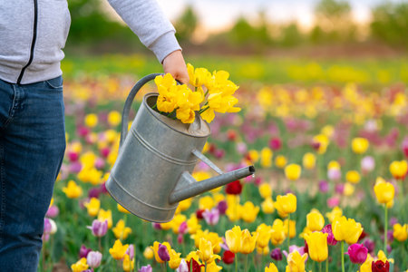 Gardener watering tulips in a flower field on a sunny spring day. Nature conceptの写真素材