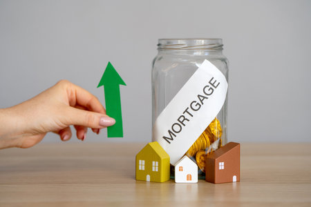 Raising mortgage rate and increase in interest charges. Loan for housing, real estate. Glass jar with coins, houses and an arrow pointing up.の写真素材