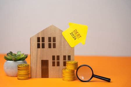 Miniature house with note debt 2024. Reminder to pay taxes and rent. Paying off debts for housing and real estate. Coins and a magnifying glassの写真素材