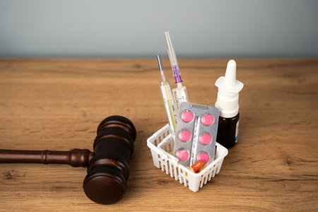 Judge gavel and basket with medical pills, a thermometer and a syringe. Medical law, healthcare crime and fraud concept. Drug addictionの写真素材