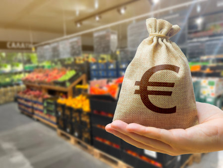 Money bag on the background of a grocery store counter with fresh organic vegetables and fruits. Concept of cost of goods and food products. Grocery set. Import and exportの写真素材