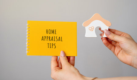 Home Appraisal tips concept. Strategies and best practices homeowners can use to maximize the assessed value of their property during a professional appraisal. Notebook and house in handsの写真素材