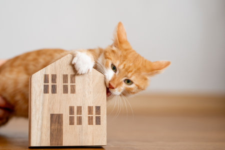 Orange ginger cat plays and gnaws a wooden house. Concept of housing for homeless animals. Shelter, adopt a pet.の写真素材