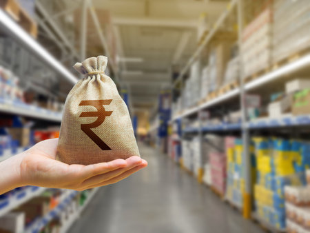 Indian rupee money bag on the background of a grocery store counter with food products. Concept of cost of goods. Grocery set. Import and export. Wholesaleの写真素材