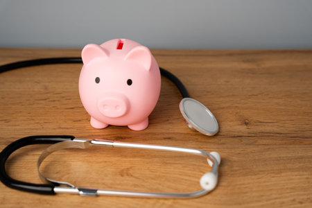 Red piggy bank pig and stethoscope. Healthcare checkup and savings money for medical insurance. The concept of medicine and financeの写真素材