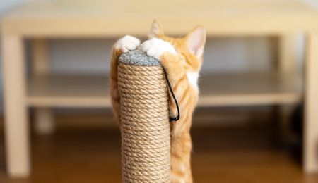 Domestic ginger little cute kitten plays with a scratching post. Fun for cats. focus on cat paws. close-upの写真素材