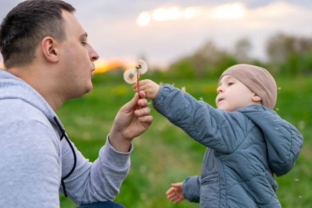 Father and toddler son holding dandelion and blowing on it. Family spending time and lifestyle...