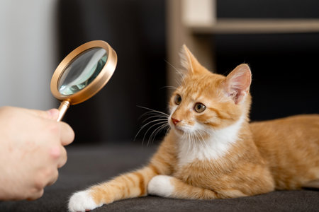 The owner looks at his orange cat through a magnifying glass. Self-examination of your pet for fleas and diseases. Tabby ginger kitten. Diagnosticsの写真素材