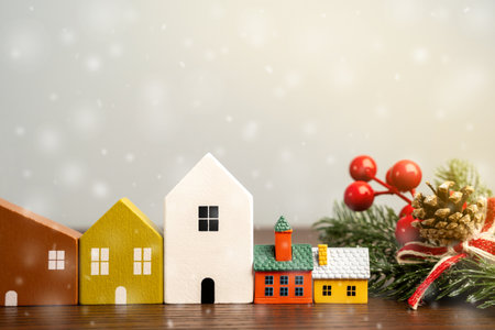 Miniature houses and Christmas trees. Merry Christmas and Happy New Year! Festive preparing for the xmas holidays. Town, city, real estate concept.の写真素材