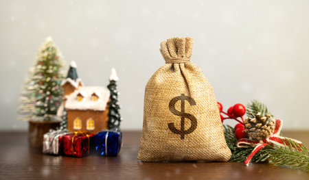 Money bag with dollars, Christmas tree and house. New Year or Xmas winter holiday. Discounts, promotions and great offers. Gift shopping. Budget and costs planningの写真素材