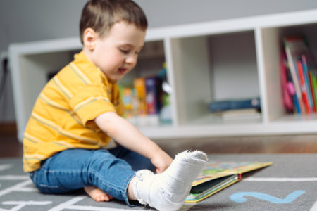 Toddler boy with a bandage or cast on his leg plays with colorful book. Fracture of a foot and finger in children. Human healthcare and medicine concept. focus on the castの写真素材