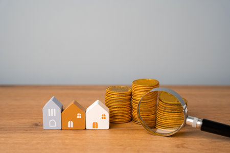 Magnifying glass, coins and house. House searching concept. Home appraisal. Property valuation. Choice of location for the construction. Search for housing, apartments. Real estate appraiserの写真素材