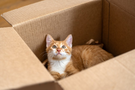 Ginger little cute cat plays in a small box. Fun for cats. Petsの写真素材