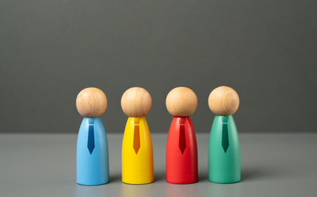 Figures of people with ties. Workers and employees. Different departments. Corporate structure, teamwork, office hierarchy. Professional roles in a business environment.の写真素材