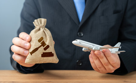 Businessman with airplane and bag of lawsuits and verdicts. Concept of litigation and regulatory laws for the aviation industry. Airline disputes, passenger rights, safety regulations, lawsuitsの写真素材